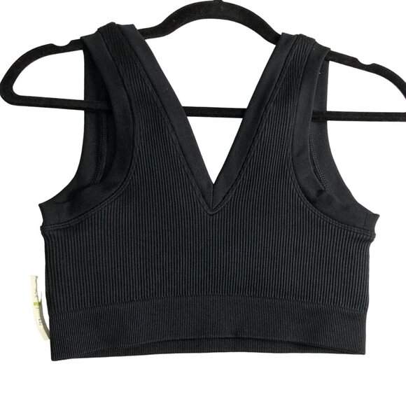 Offline by Aerie Bralette Crop Top Stretch Medium Support Ribbed V Neck Black S - Picture 2 of 5